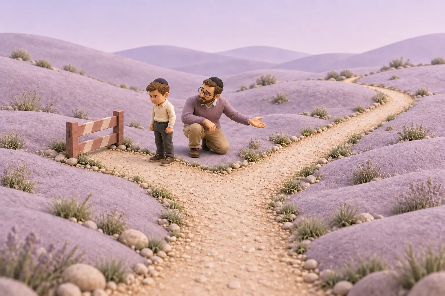 A frustrated boy in a kippah stands at a blocked path while his father calmly gestures toward an open path, representing the difference between stopping behavior and teaching another response